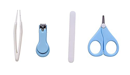 Image of Baby Scissors and Nail Clipper set /4-In-1 Baby Grooming Kit in Plastic Box Packing-Blue