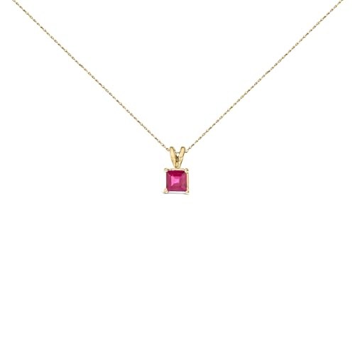 14K Yellow Gold 5x5 MM Square Shaped Red Ruby Solitaire Pendant Necklace
