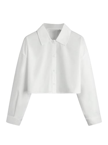 SHENHE Girl's Collared Long Sleeve Button Down Shirts Loose Basic Cropped Blouse Top