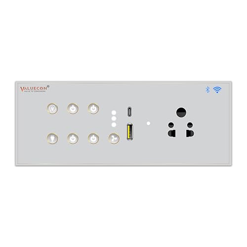 Image of i380 6 modular Smart Wifi Switch Board with 4 Switch,1 Fan,1 Socket, C & A type USB charging ports| App Control, Voice-controlled by Alexa, G. Home, G. Assistant-G. Grey
