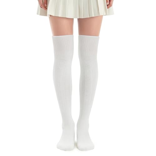 Overknee Strümpfe Damen Weiß Gestreifte Kniestrümpfe 50cm Lang Baumwoll Overknee Socken Lolita Zopfmuster Thigh High Socks Beinwärmer Baumwollsocken für Damen Mädchen (Weiß)
