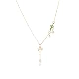 Collar de hoja de rosa de Lily of The Valley para mujer, chapado en oro, bohemio, flores de hadas blancas, borlas, perlas verdes, collar de boda, novia, primavera, vacaciones, regalos de joyería