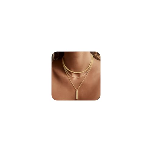 BERISO 14K Gold Plated Layered Necklace for Women, 3 Layer Dainty Gold Necklace with Minimalist Pendant, Elegant Everyday Gold Jewelry Gift