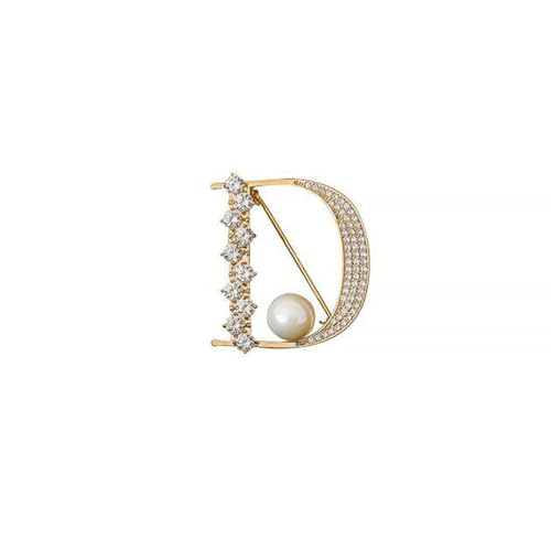 Image of Crystal Pearl Initial Brooch Gold Plated Rhinestone D Letter Alphabet Breastpin Pin Jewelry for Gifts