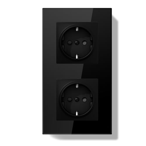 BSEEDLIFE Enchufe Pared,Doble Enchufe Doble Pared Schuko Normas Europeas,157 * 86mm 2 Gang 16A,Marco de Cristal,Fácil Instalación,Negro