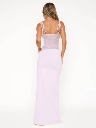 Image of Women's Lace Splicing Cutout Maxi Dress Square Neck Sleeveless Bodycon Long Dress with Sheer Corset