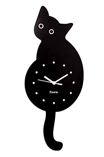 Fisura – Reloj de Gato con Cola. Reloj de Pared Original. Reloj de Pared silencioso de 46 x 8 centímetros. Madera y ABS. 1 Pila AA (no incluida) (Negro)