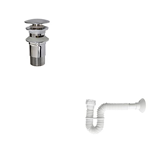 BAIKAL Pack Sifón de Botella Cromado/Extensible PVC y Válvula de Desagüe con rebosadero para baño, opción con Grifo. Fácil instalación, todo incluido. Sifón Extensible + Válvula