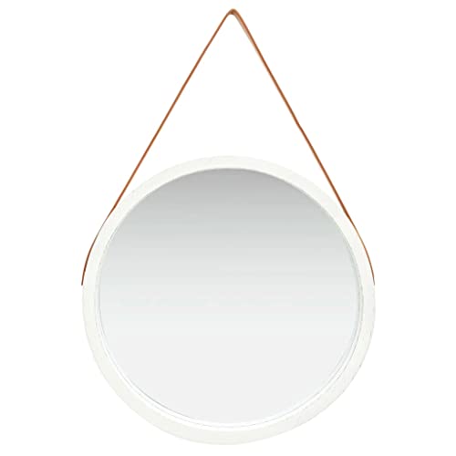 vidaXL Espejo de Pared con Correa Redondo Colgante Armario Baño Antiguo Retro Consumo de Maquillaje Decoración Hogar Sala Blanco 60 cm