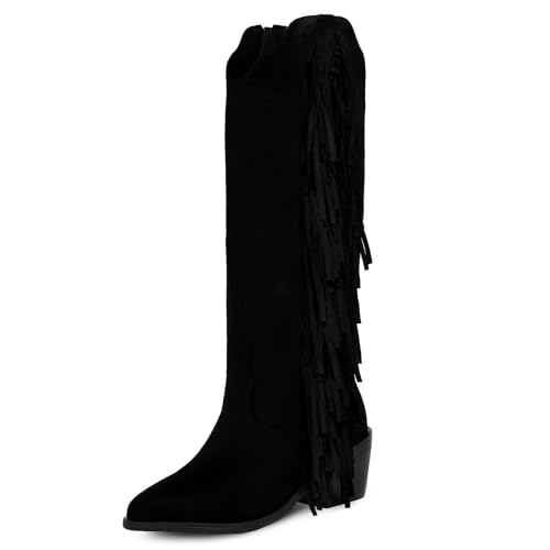 Image of KiutSymo Cowgirl Fringe Boots For Women White Tassels Cowboy Boots Knee High Pointed Toe Western Boots