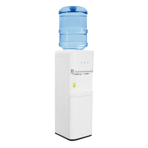 BANEBONE Top Loading Water Cooler Dispenser, 3 or 5 Gallon Bottles, 3 Temperatures with Hot, Room & Cold Spouts, Child Safety Lock & Storage Cabinet for Home, Garage, Dorm, RV & Cottage (White)