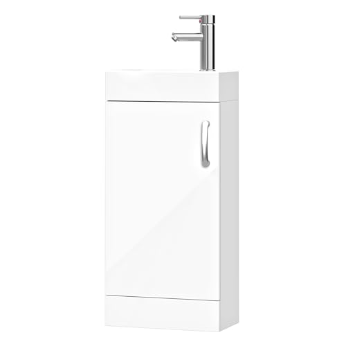 BELOFAY 400mm Floor Standing Bathroom Vanity Unit With Basin - Slim Waterproof Laquered Cloakroom Vanity Unit with 1 Tap Hole Ceramic Basin & Waste | Reversible Tap Fitting (New York White)