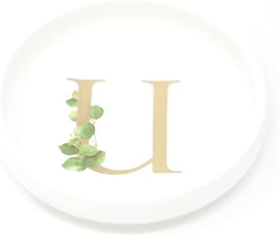 Trinket Tray Ring Dish with Personalized U in Gold Foil and Greenery - White Ring Dish - Monogrammed Trinket Dish or Jewelry Bowl - Cedar & Ink (U)
