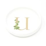 Trinket Tray Ring Dish with Personalized U in Gold Foil and Greenery - White Ring Dish - Monogrammed