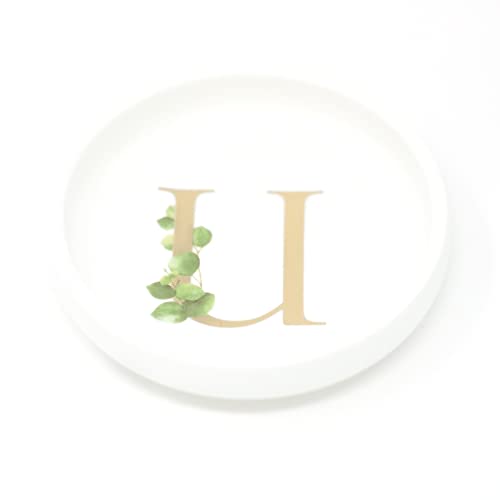 Trinket Tray Ring Dish With Personalized U In Gold Foil And Greenery - White Ring Dish - Monogrammed Trinket Dish Or Jewelry Bowl - Cedar & Ink (U) #TOP3