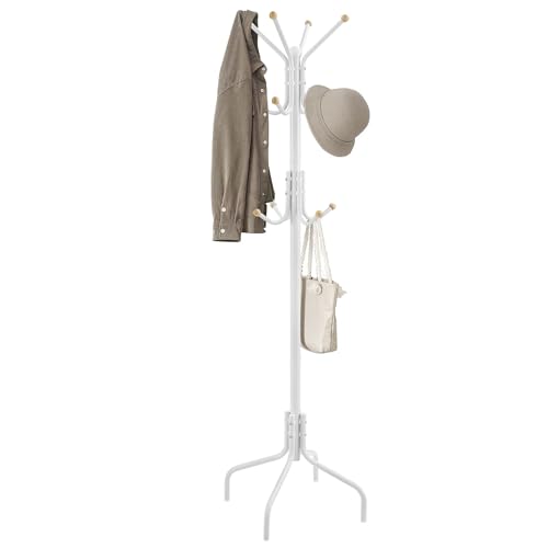 SONGMICS Coat Rack Freestanding, Metal Coat Rack Stand with 12 Hooks and 4 Legs, Holds Clothes, Hats, and Bags, for Entryway, Living Room, Bedroom, White URCR031W01