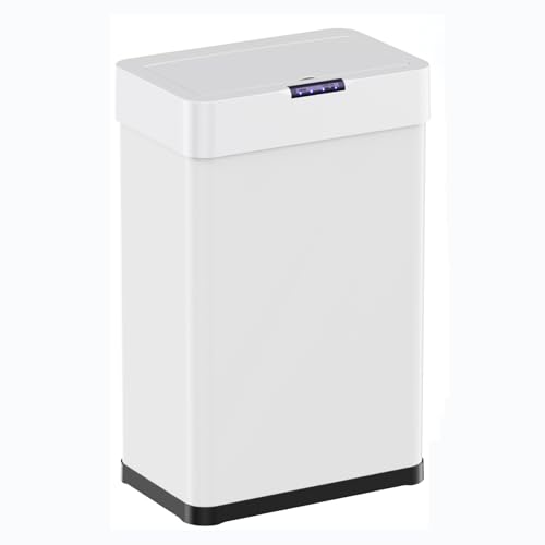 Clevich Cubo de basura con sensor, para cocina, 50 L, tapa eléctrica, eliminación sin contacto, cubo de basura con anillo de sujeción para bolsas de basura, de acero inoxidable, color blanco