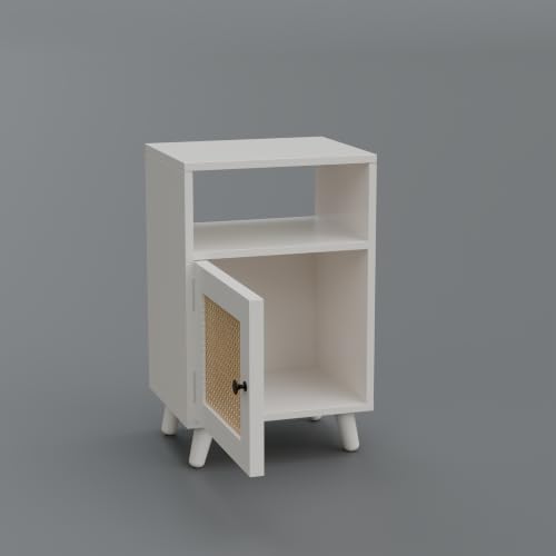 Image of Solid Sheesham Wood Bedside Table with Natural Cane Rattan Door & Open Shelf | Wooden Nightstand with Storage Cabinet | End Table for Bedroom (White)
