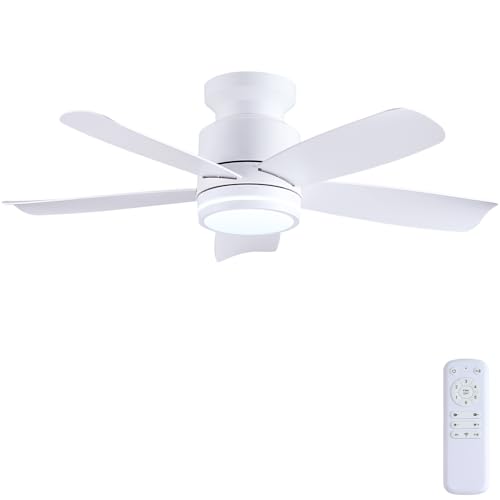 Wiviniya Ceiling Fans with Lights and Remote Control, 41 inch Low Profile Flush Mount Ceiling Fan, 3 CCT LED Dimmable Lights 5 Reversible Plastic Blades 6 Speeds for Bedroom Living Room, White