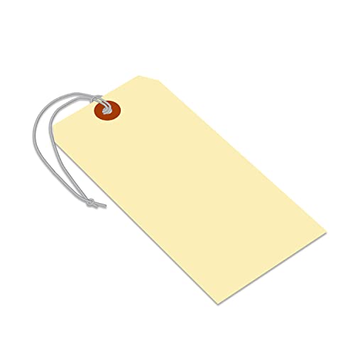 Smartsign Blank Manila Shipping Tags With Elastic Strings - Pack Of 100, Size-8, 13Pt Thick Pre-Strung Cardstock Tag, 6.25 X 3.125 Inch, Paper Hang Tags With Reinforced Fiber Patch #TOP3