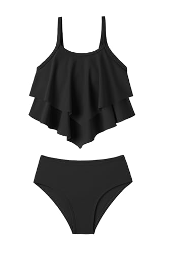 Arshiner Mädchen Bikini Set Kinder Rüschen Bustier & Bikinislip Zweiteiliger Badeanzuge Sommer Tankini Bademode Strand Surf Schwimmanzug für Mädchen 11-12 Jahre Schwarz