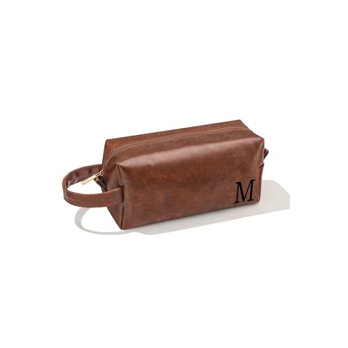 JSENGIFT Mens Toiletry Travel Bag Initial M Personalized Leather Toiletry Bag for Men Anniversary Christmas Valentines Fathers Day Birthday Gifts for Husband Dad Grandpa Brother