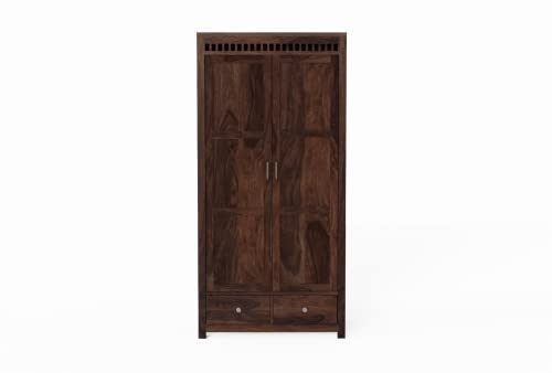Image of Wooden 2 Door Wardrobe for Bedroom, Almirah with 2 Drawers & Multiple Shelves Storage, Solid Sheesham Wood, Walnut Finish