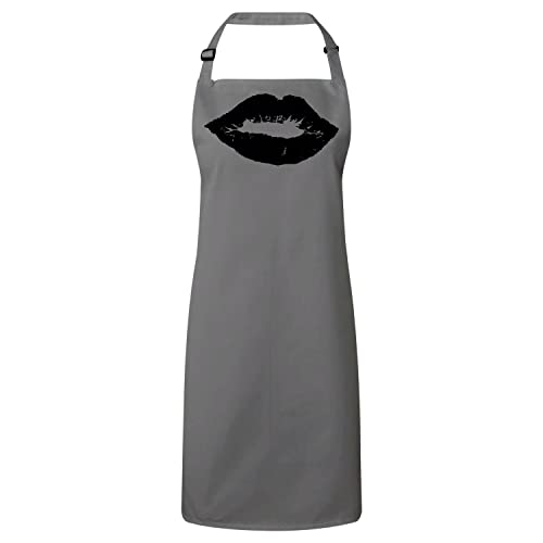 Tablier cuisine premium gris au design soigné et impression au rouge à lèvre fine