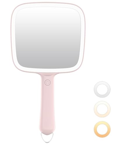Famihomii Lighted Handheld Mirror Handheld Mirror with 3 Light Color Led Hand Mirror for Women Makeup Mirror with Handle Hole Hanging Portable Travel Vanity for Girls Battery Operated Gifts