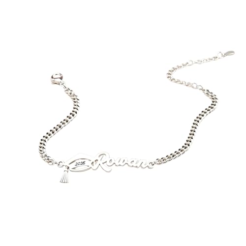 PEIMKO Graduation Name Bracelet for Her,925 Sterling Silver Cap Bracelet Custom Engraving,2026 High School College Graduation Gift for Women（White Gold）