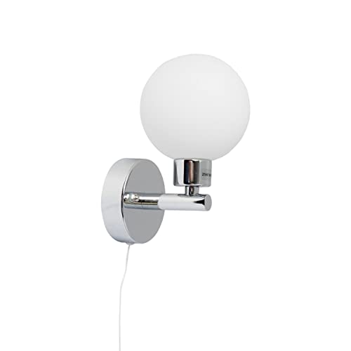 firstchoicelighting Modern Polished Chrome & Glass Globe IP44 Bathroom Wall Light Pull Cord Switch