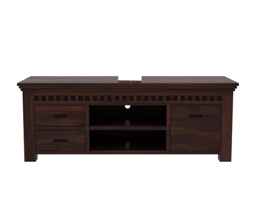 Image of Premium Solid Sheesham Wood TV Unit for Living Room: 2 Drawers, 2 Shelves, and 1-Door Storage - Accommodates up to 50-Inch TV (Lucas, Walnut Finish)