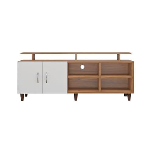 Image of VIKI Modern TV Unit for Living Room | Engineered Wood TV Cabinet with 2 Door Storage, 2 Open Shelves & Extension,Entertainment Unit, 140W x 48H x 40D cm | DIY | 1 Year Warranty (Walnut & White)