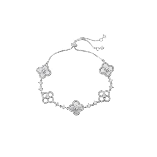 Gkaopi Bracelet for Women Girls 925 Sterling Silver Four Leaf Clover Bracelets Shiny Cubic Zirconia Adjustable Bracelet Dainty Lucky Leaf Jewellery Gifts (Silver One Size)