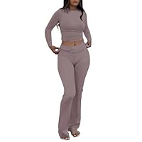 AYWA Women's 2 Piece Outfits Foldover Flare Pants Long Sleeve Crew Neck T-shirt Fitted Pajama Sets (Coffeegrey, Medium)