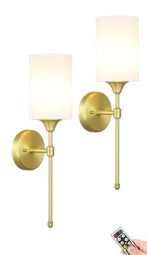 Juego de 2 apliques de pared inalámbricos regulables con control remoto, temporizador recargable, lámparas LED para sala de estar, dormitorio, entrada, acabado dorado