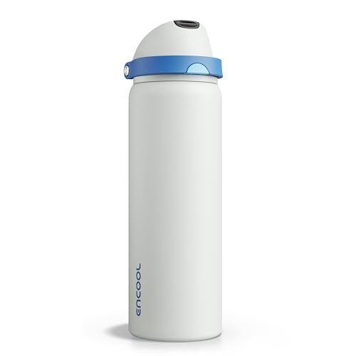 Image of Insulated Water Bottle with Straw - Encool Stainless Steel Water Bottle with Push Button Lid, Leak-Proof & BPA-Free, Keeps Cold for 24 Hours for Sports, Travel, Gym (32 oz, Quill Grey-Blue)