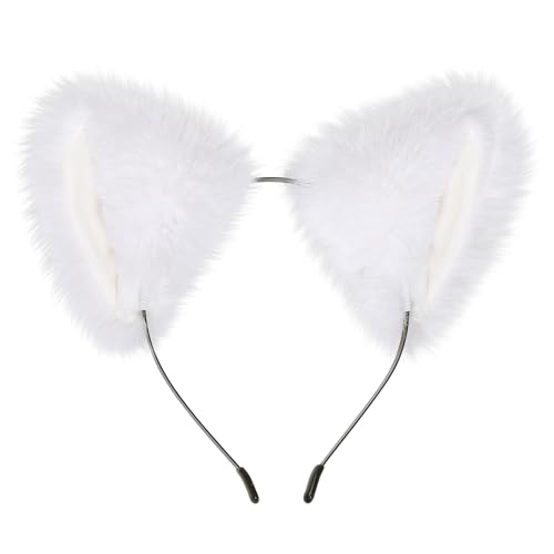 BAOPLAYKIDS Women Girl Cat Fox Long Fur Ears Headband Party Cosplay Costume Hairband (White)