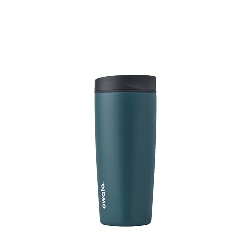 Owala SmoothSip Slider Insulated Stainless Steel Coffee Tumbler, Reusable Iced Coffee Cup, Hot Coffee Travel Mug, BPA Free 590ml, Grey/Blue (High Dive)