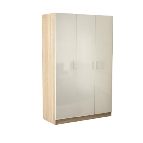 Image of 3 Door Wardrobe in Frosty White and Oak Finished for Clothes and Bedroom / 3 Door Wardrobe with Locker and Drawer