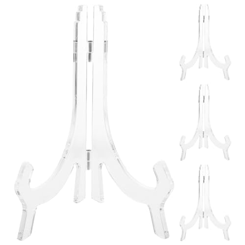 LIFKOME 4pcs Transparent Decorative Plate Stands Clear Display Easels for Plates Photos Menus Compact Space-saving Plastic Holders Easy-clean for Home Office Wedding Decor
