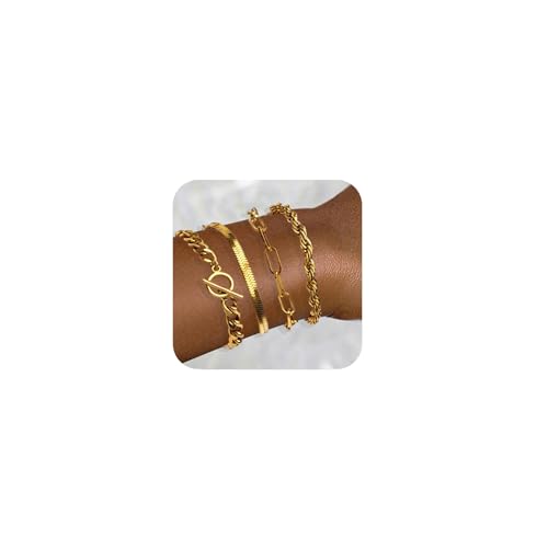 Chunky Gold Bracelets for Women, 14K Gold Plated Bracelet Stack Non Tarnish Layered Cable Chain Herringbone Snake Cuban Paperclip Bracelet for Women Gift