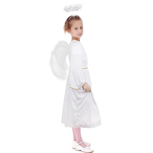 DERAYEE Angel Costume for Kids, Heavenly White Angelic Gown with Wings Headband for Girls Christmas Cosplay Party