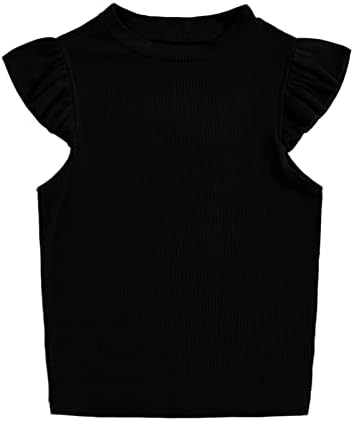 Meilidress Kids Girl's Crew Neck Sleeveless Tops Ruffle Trim Solid Color Cute T-Shirt Blouse Pullover 5-14 Years Black