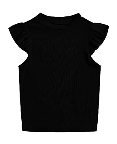 Meilidress Kids Girl's Crew Neck Sleeveless Tops Ruffle Trim Solid Color Cute T-Shirt Blouse Pullover 5-14 Years Black #TOP14