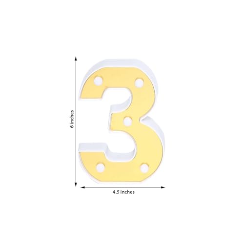 Image of Efavormart 6 inch Gold Marquee Number 3, Mirror Front Warm White LED Light Up 3D Sign, Battery Operated 72H Glow for Wedding Party & Wall Decor