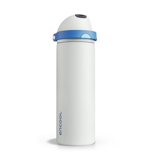 Image of Insulated Water Bottle with Straw - Encool Stainless Steel Water Bottle with Push Button Lid, Leak-Proof & BPA-Free, Keeps Cold for 24 Hours for Sports, Travel, Gym (24 oz, Quill Grey-Blue)
