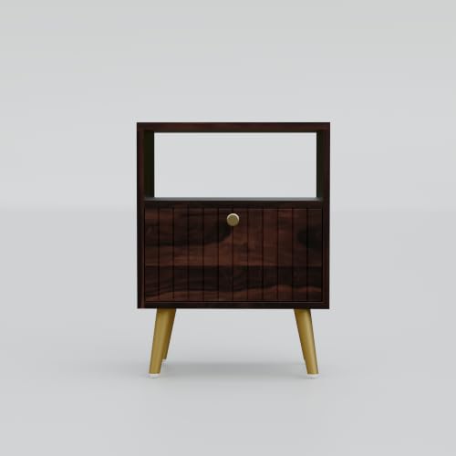 Image of Solid Sheesham Wood Bedside Table with Storage Cabinet & Open Shelf | Wooden Nightstand with Fluted Door, Gold Finish Metal Legs & Brass Knob (Walnut Finish)