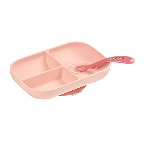 BEABA Silicone Suction Divided Plate Set, Toddler Plates, Baby Plates, Baby Feeding Set, Non-Slip Suction Bottom, Incl. Plate and Silicone Spoon, Rose