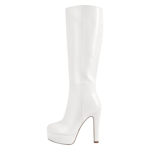Women's Platform Knee High Boots Solid Color Side Zipper Block High Heels